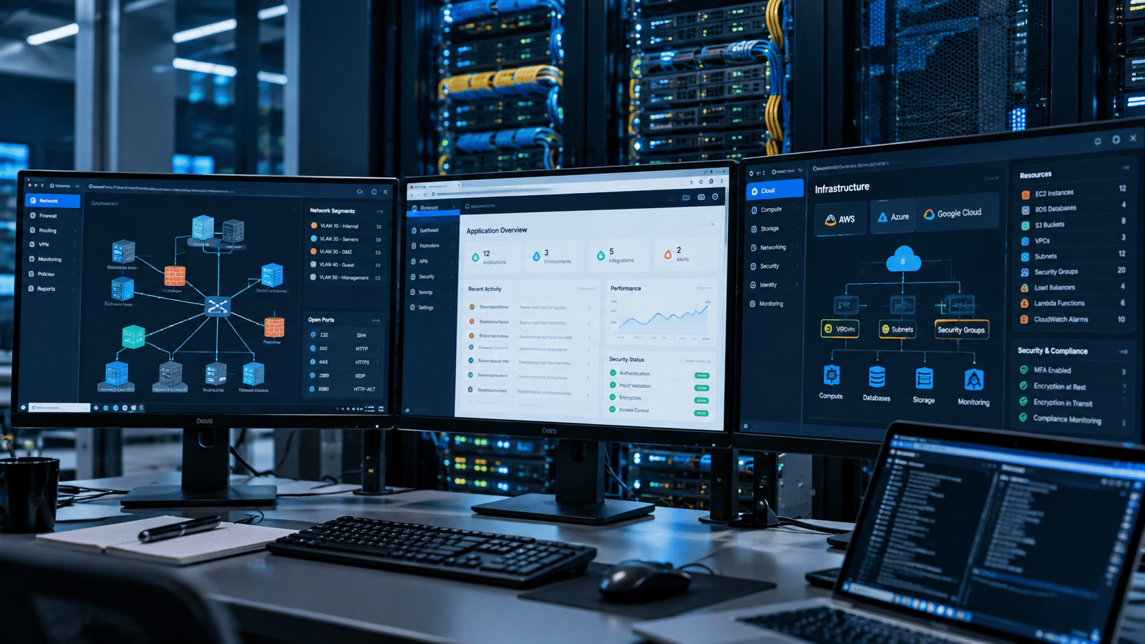 Security analyst workstation with multiple monitors