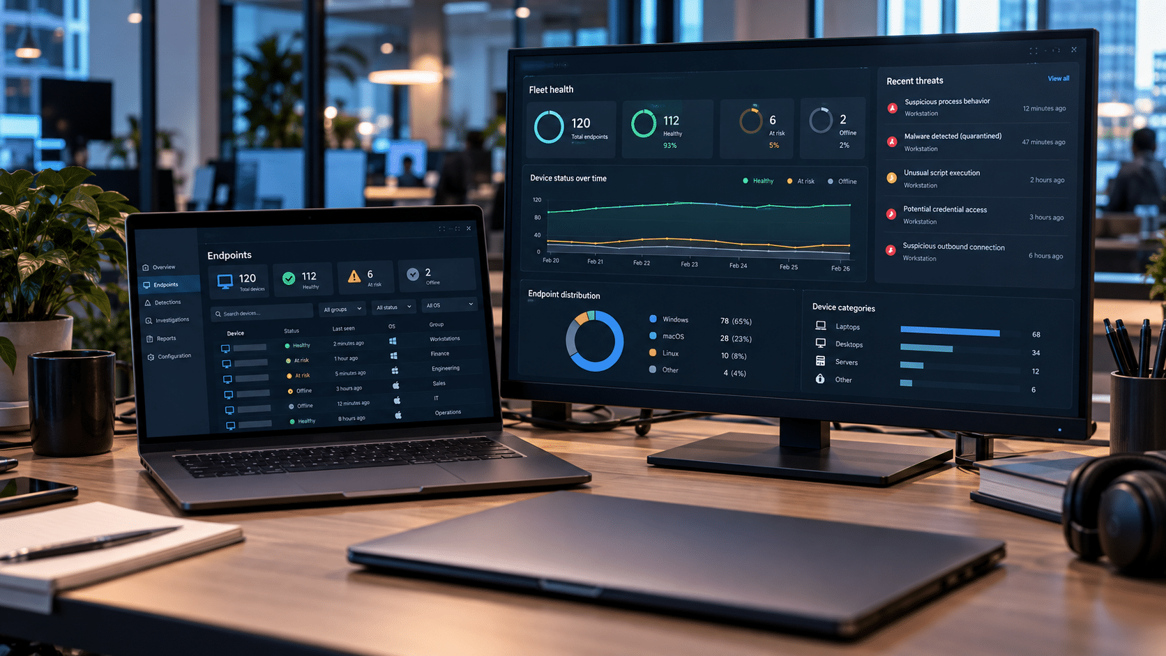 Cybersecurity operations desk with dashboards