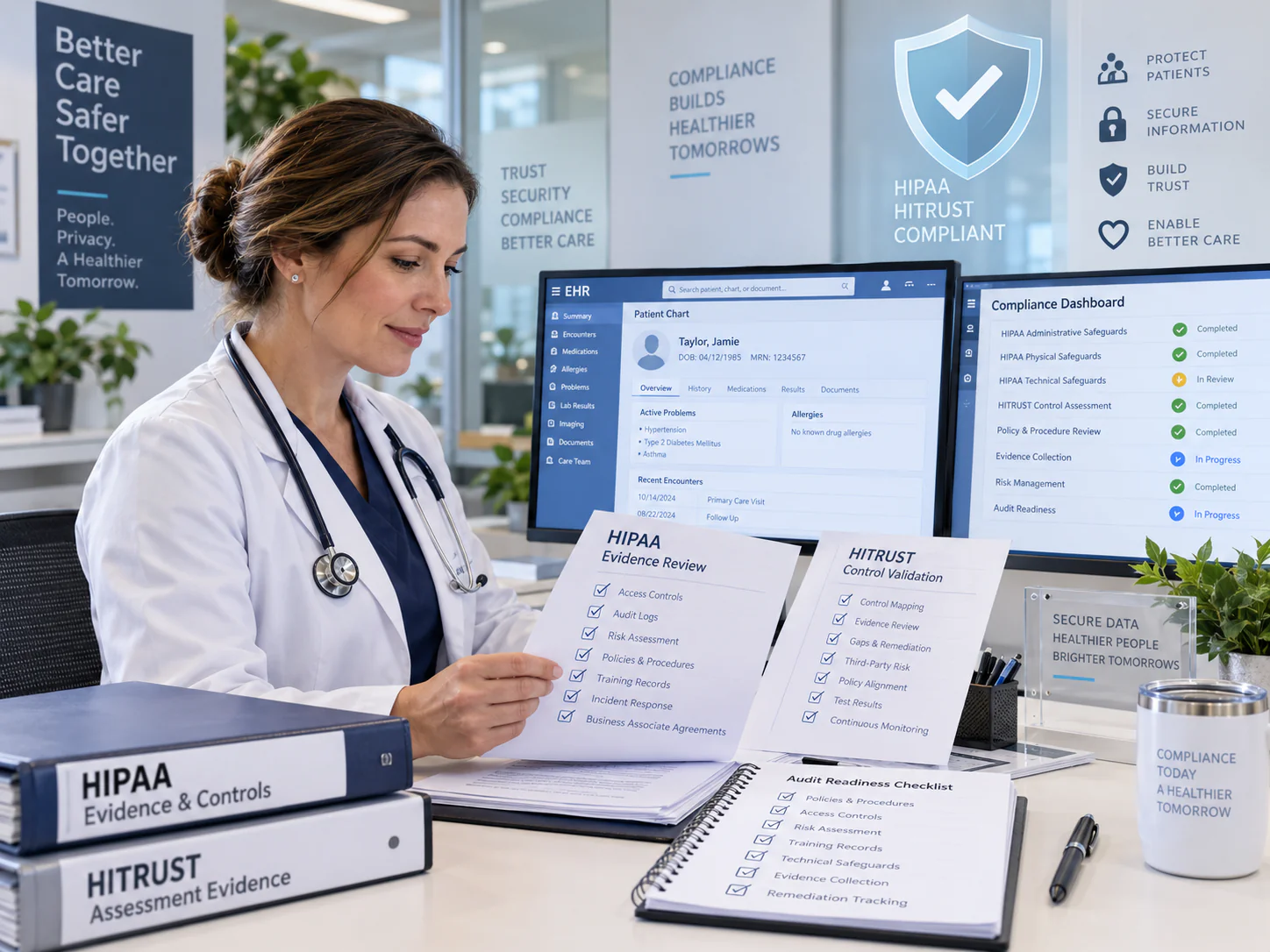 Healthcare professional reviewing compliance data on monitors