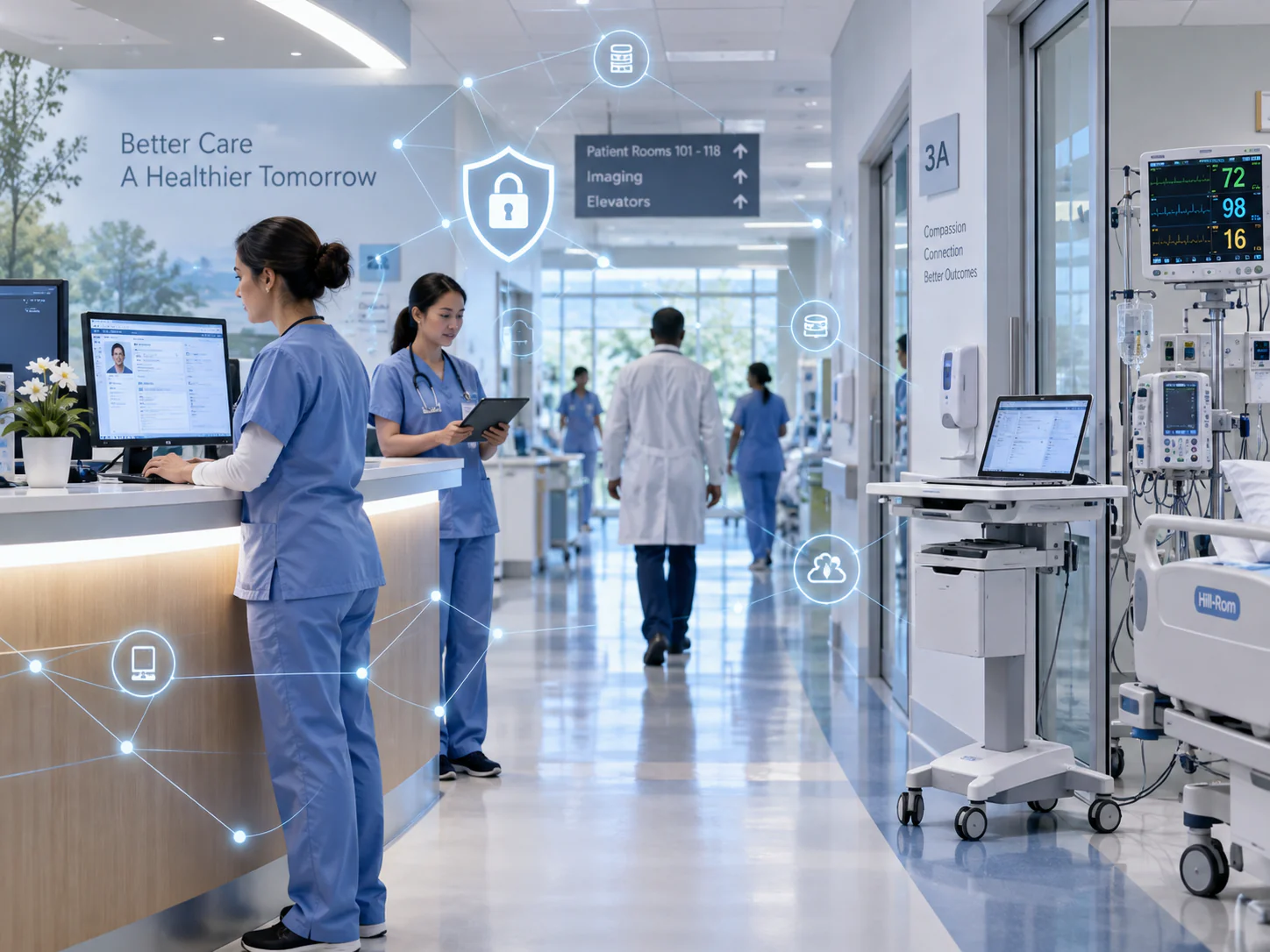 Clinicians working in a modern hospital corridor