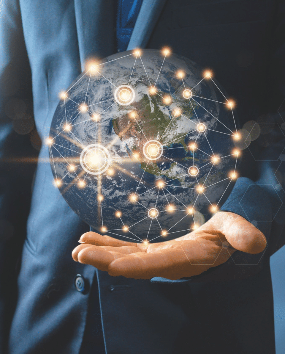 Consultant holding a glowing global network