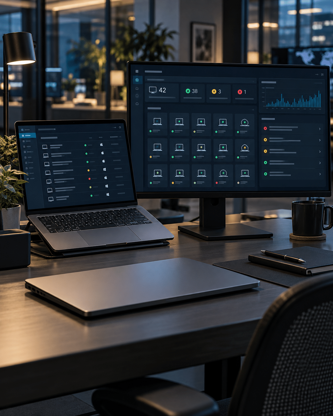 Modern cybersecurity operations desk with multiple monitors